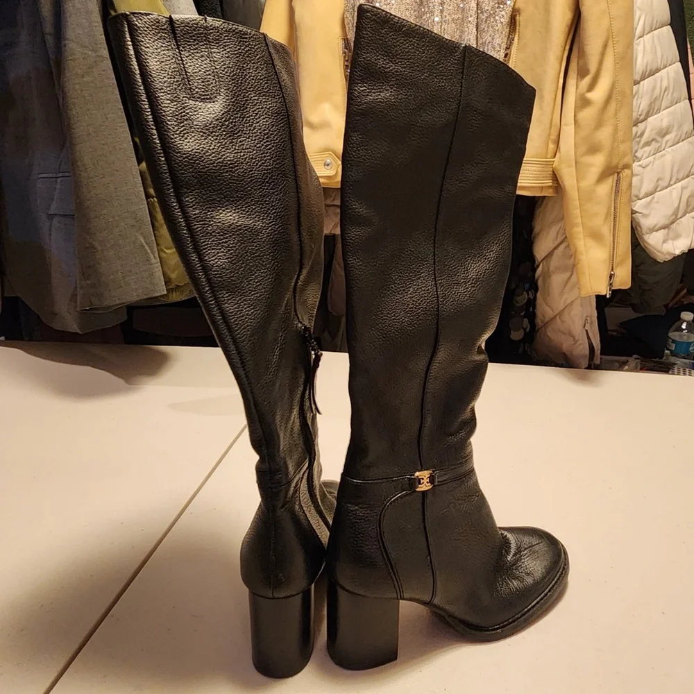 New Sam Edelman Women's Elsy Leather Knee‎ Length Black High Heel Boots Classic